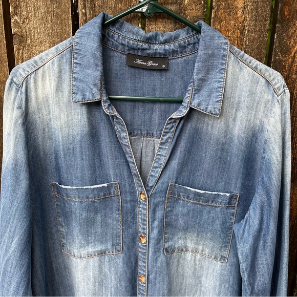 Anna Grace Tencel Chambray Raw Edge Hem Shirt Dress Sz L - Picture 4 of 14